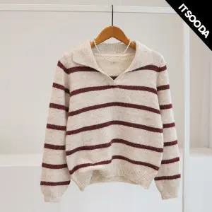 [잇수다] 이카렐 스트라이프 배색 브이넥 카라 울 니트