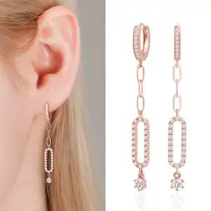 14K 금침 이어링 라인드롭 큐빅 체인 원터치 링 귀걸이