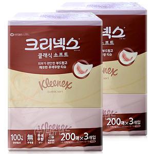 크리넥스 클래식 소프트 200매 3개입X2개 무향 미용티슈 각티슈