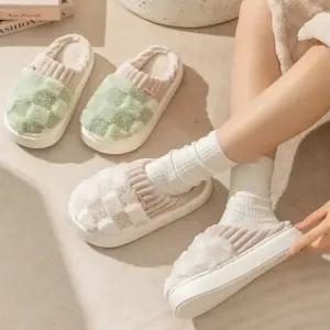 겨울 도톰 체크 털 슬리퍼 실내화 사무실 병원 남녀공용 푹신한 거실화