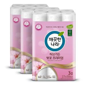 깨끗한나라 3겹 데코 벚꽃 프리미엄 화장지 27m 30롤 3팩