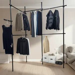힘센업행거 BLACK 3칸 5가로봉 튼튼한 스틸폴행거 /수납정리용 / 길이조절 가능 / 드레스룸