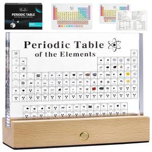83개의 실제 원소가 포함된 메가박스 주기율표, 나무 스탠드가 있는 아크릴 주기율표 디스플레이, 6개의 화학식 참조 카드, 과학 교사 선물 교실 장식