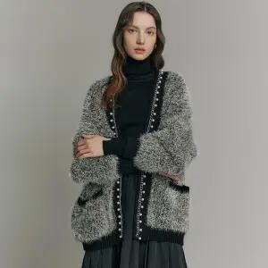 [MAXZA] 진주체인 메탈릭 얀 루즈핏 펄 가디건