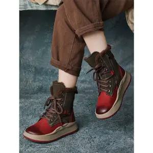 여자 신발 아이템 미들부츠 추동 핸드메이드 소가죽 배색 기모 키높이화 스노우 부츠 미끄럼 방지 하이탑