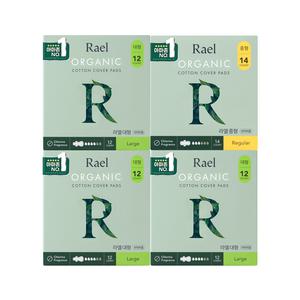 [라엘] 유기농 순면커버 생리대 날개형 중형 14p x 1 + 대형 12p x 3팩