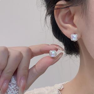 925 실버 사각 오로라 펄 비즈 원터치 귀걸이