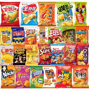 오리온 농심 해태 롯데 크라운 스낵 봉지 과자 선물세트 25종 홈런볼 새우깡 포스틱 양파링 꼬깔콘 치토스 매콤달콤 썬칩 오징어땅콩 먹태깡 메이플콘 꼬북칩 죠리퐁 포카칩
