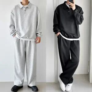 [미니멀무드/4XL] M버튼맨투맨 세트 카라티 와이드팬츠 데일리 셋업 빅사이즈까지