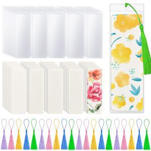 SBYURE 50피스 수채화 종이 빈 북마크와 컬러 태슬 50팩 PVC 북마크 슬리브 교실 프로젝트용 선물 태그 공예품, 1.9 x 5.9 인치