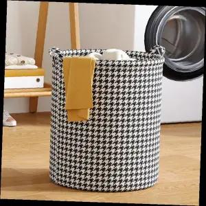 빨래바구니 패브릭 접이식 원형 하운드투스 체크무늬 가정용 세탁물 수납함