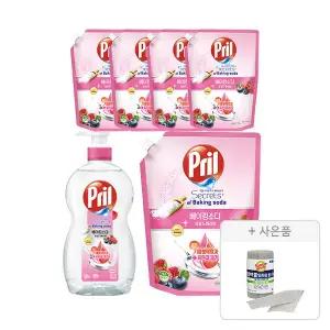 프릴 베이킹소다 베리 용기, 700ml, 1개 + 리필, 1L, 5개  + 증정 (버블버블 일회용 롤 수세미 28장(롤형),1개)