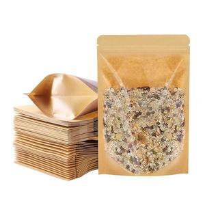 100개의 PCS 스탠드업 파우치, 투명 창문이 있는 4 x 6 인치 크래프트 종이 가방, 재사용 가능한 지퍼락 보관 가방 음식, 커피 원두, 스낵을 위한 재밀봉 파우치