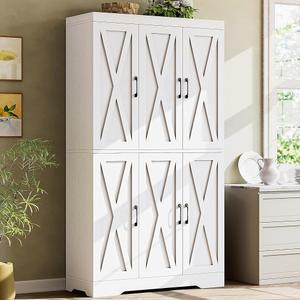 LED 조명이 있는 ANCTOR 주방 팬트리 캐비닛, 6개의 헛문, 71.3인치 H 39.4인치 W, 12개의 선반이 대형 나무 수납 식당을 위한 도어 랙이 독립형 찬장, 흰색