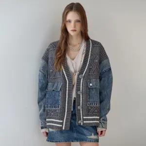 [MAXZA] 워싱 데님 블록 케이블 니트 가디건