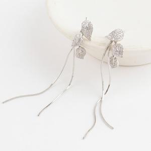 여자 우아한 리프 나뭇잎 롱드롭 체인 실버 귀걸이