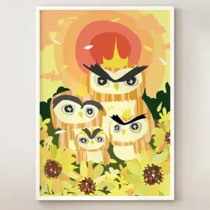 왕족 부엉이 그림 해바라기 포스터 화기운 보충 금전운 재물운 상승 인테리어 액자 A3 A4