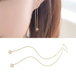 14K GOLD 플라워 꽃 롱 체인 드롭 금 귀걸이