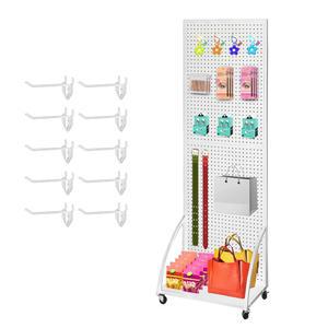 플레이트가 있는 넥타콜 2피트 x 6인치 금속 페그보드 디스플레이 스탠드, 패널, 스탠딩 디스플레이, 공예 박람회 랙, 아트 추가 10개 후크 - 흰색