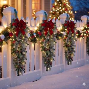 선칼라 3팩 36인치 프리라이트 크리스마스 티어드롭 스웨그 인조 소나무 화환에 보우 레드 베리와 원뿔 LED 조명 걸이식 화환을 야외 현관 창문 계단에 사용하세요