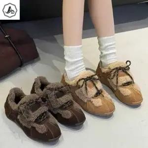 [애슬릿] 소 가죽 스니커즈 겨울 뽀글이 털 리본 플랫 발 편한