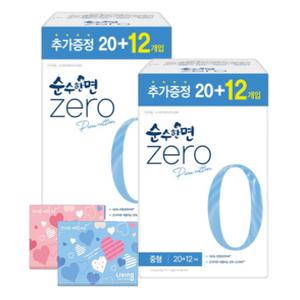 순수한면(100% 순면 패드) 제로  기획 생리대 중형 20+12p 2팩 + 휴대용 티슈 40매 2개
