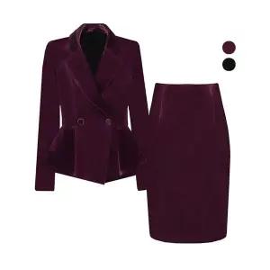 [하프클럽/비비드시크릿가너]SET 여성 레트로 겨울 벨벳 정장자켓 스커트 세
