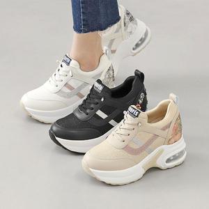 소가죽 키높이 에어쿠션 통굽 여성 스니커즈 운동화 스탠딩화 (8cm) 모타르