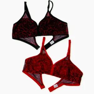 로지에이미 국산 꽃무늬 빨강 홑겹 망사 여름 노와이어 브라