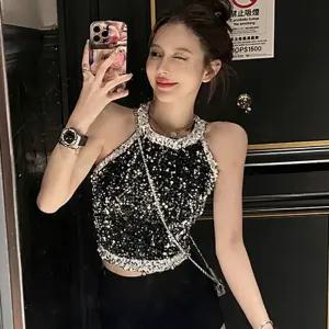 여성 반짝이 홀터넥 라인 스팽글 라틴 댄스 크롭 섹시탑