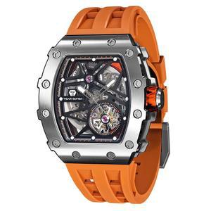 차르 봄바 남성용 자동 시계 기계식 토나우 럭셔리 스켈레톤 시계 남성용 5천만 방수 아날로그 워크 남성용 손목시계 멋진 디자인 스퀘어 실버 빅 페이스 손목시계 실리콘 스트랩