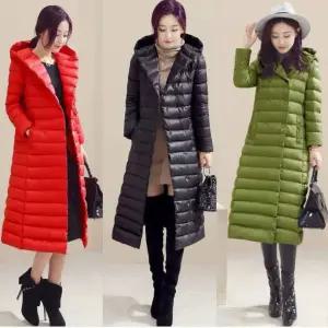 여성용 경량 롱패딩 가벼운 후드 디자인 더블버튼 코튼솜 충전 캐주얼 롱 점퍼 코트