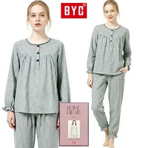 BYC 여성 잠옷 세트 기모 순면 겨울 긴팔 여자 파자마 홈웨어 체크 빅사이즈 NCG2178
