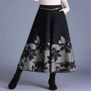 겨울 와이드 팬츠 여성 통방지 밴딩 꽃무늬 모직 치마바지