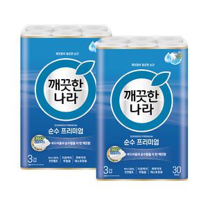 깨끗한나라 3겹 순수 프리미엄, 27m, 30롤, 2개