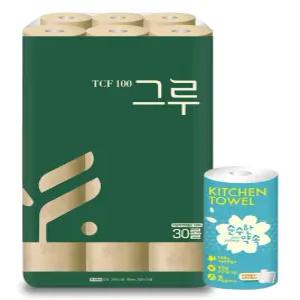 그루 오리지날 무표백 천연펄프화장지 30m 30롤 1팩+순수한약속 키친타월 65매