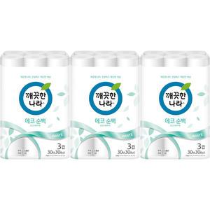 깨끗한나라 3겹데코 에코순백 화장지 30mx30롤x3개/ 두루마리
