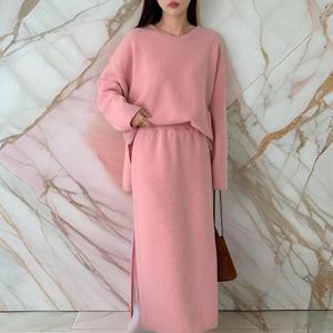 [다잇템] 여자 롱치마 빅사이즈 골지 브이니트 셋업 세트