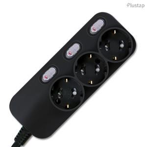 플러스탭 국산 개별 스위치 절전 접지 고용량 고전압 멀티탭 3구 블랙 2m 3200w