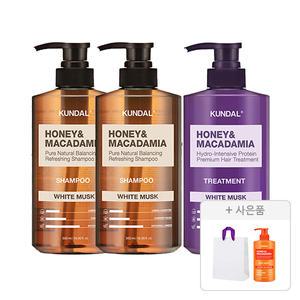 쿤달 네이처 샴푸 화이트머스크향 500ml, 2개+ 트리트먼트  화이트머스크향,500ml,1개 + 증정(허니 앤 마카다미아 퓨어 바디워시 체리블라썸향 500ml ,1개 +쇼핑백,1개)