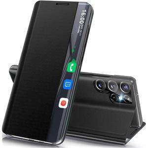 삼성 갤럭시 S25 울트라 5G 케이스용 폰 케이스, 킥스탠드가 있는 미러, 가죽 PC 플립 클리어 뷰 윈도우 보호 커버 (블랙)