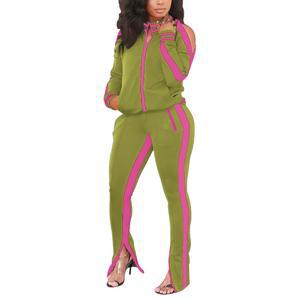 보거스트 여성 2피스 아웃핏 캐주얼 오프숄더 패치워크 컬러 블록 트레이닝복 롱 팬츠 세트 라운지 운동복