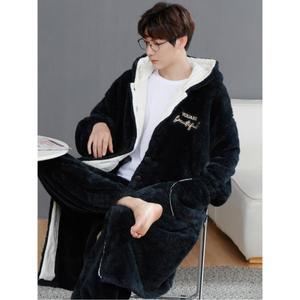 남성 겨울 잠옷 두꺼운 의류 긴팔 극세사 가운 세트 두껍고