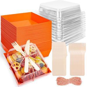 Whaline 50 세트 가을 추수감사절 오렌지 작은 샤큐테리 박스와 투명 뚜껑 포크 나이프 클리어 미니 디저트 박스 할로윈 샌드위치 쿠키 스시 케이크용 일회용 식품 용기