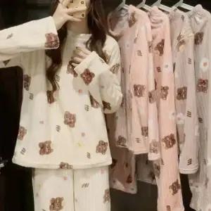 겨울 여자 수면 잠옷 따뜻한 곰돌이 파자마 극세사 수면 잠옷