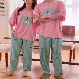 (무배)남여공용 디즈니 미키 빅사이즈 스트라이프 반팔 긴바지 세트 잠옷 홈웨어