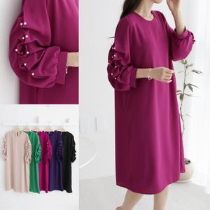 진주 주름 소매 원피스 중년여성 빅사이즈 하객룩 봄가을 50대 60대 엄마옷