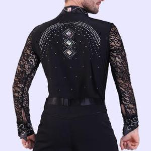 남자 댄스복 셔츠 레이스 긴팔 남성 망사 상의 반짝이 의상 라틴 스포츠 댄스