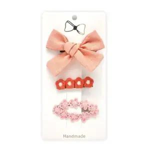 코랄 핑크 리본 플라워 헤어핀 3종세트 유아집게핀