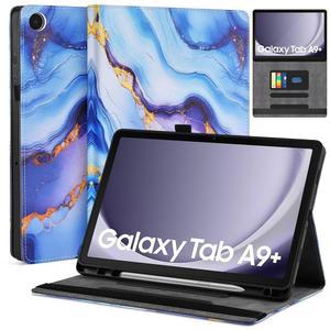 삼성 갤럭시 탭 A9+/A9 플러스 11인치 2023 케이스 5g (SM-X210/X216/X218) 프리미엄 가죽 폴리오 스탠드 보호 커버 펜슬 홀더 블루 마블과 함께 자동 웨이